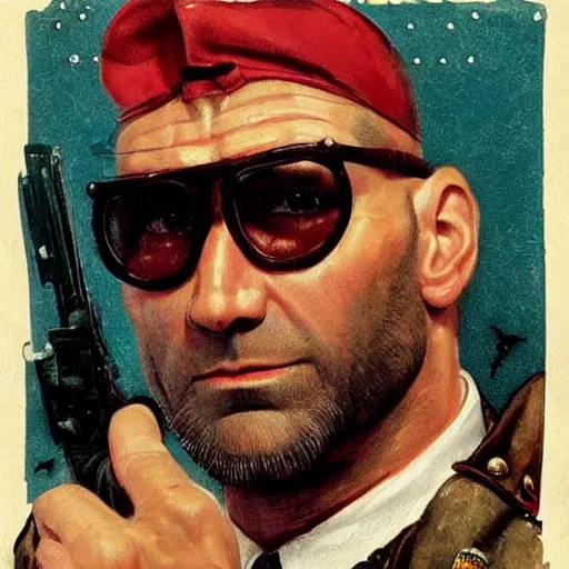 Image similar to dave bautista as sapper morton from blade runner is very proud of his tiny spectacles and boasts about them to a witch, painted by norman rockwell and tom lovell and frank schoonover