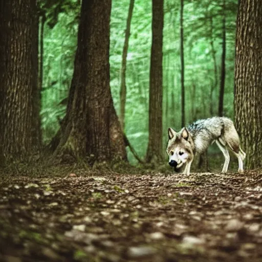 Image similar to were - creature consisting of a wolf and a human, photograph captured in a forest