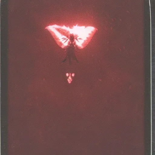 Image similar to Polaroid photo of Mothman flying, detailed, with red eyes, dark, brooding, scary