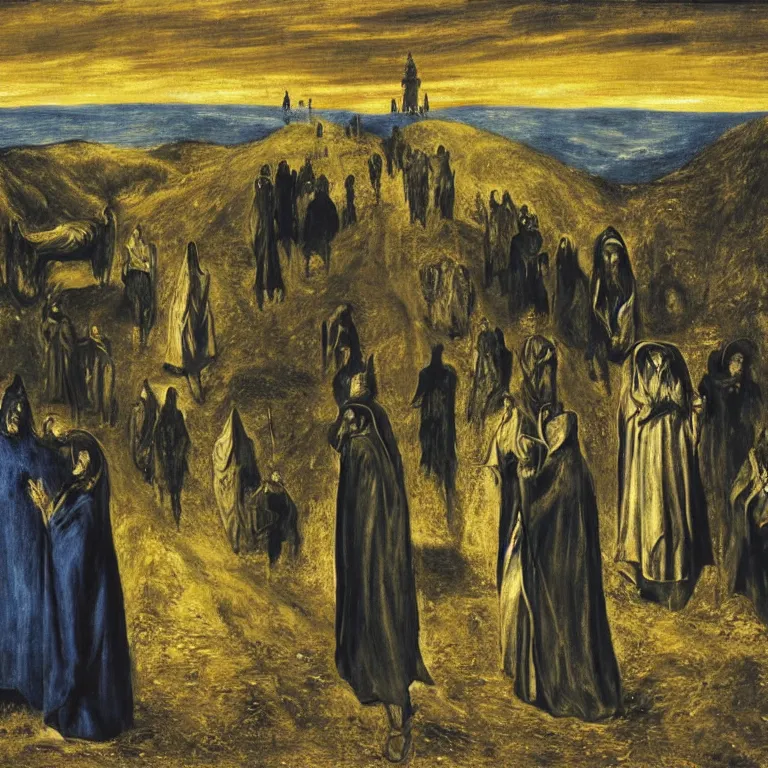 Image similar to A Holy Week procession of four souls in a Spanish landscape at night. A figure at the front holds a cross. El Greco, Remedios Varo, Salvador Dali, Carl Gustav Carus, John Atkinson Grimshaw. Blue tint.