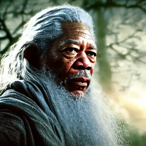 Image similar to morgan freeman starring as gandalf in lord of the rings, videogame still, portrait, 4 0 mm lens, shallow depth of field, close up, split lighting, cinematic