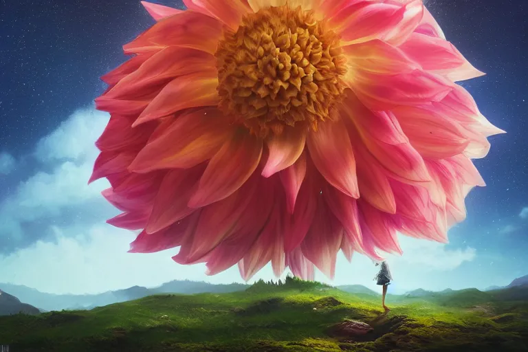 Image similar to giant dahlia flower over head, girl walking on mountain, surreal photography, stars, dramatic light, impressionist painting, storm clouds, digital painting, artstation, simon stalenhag