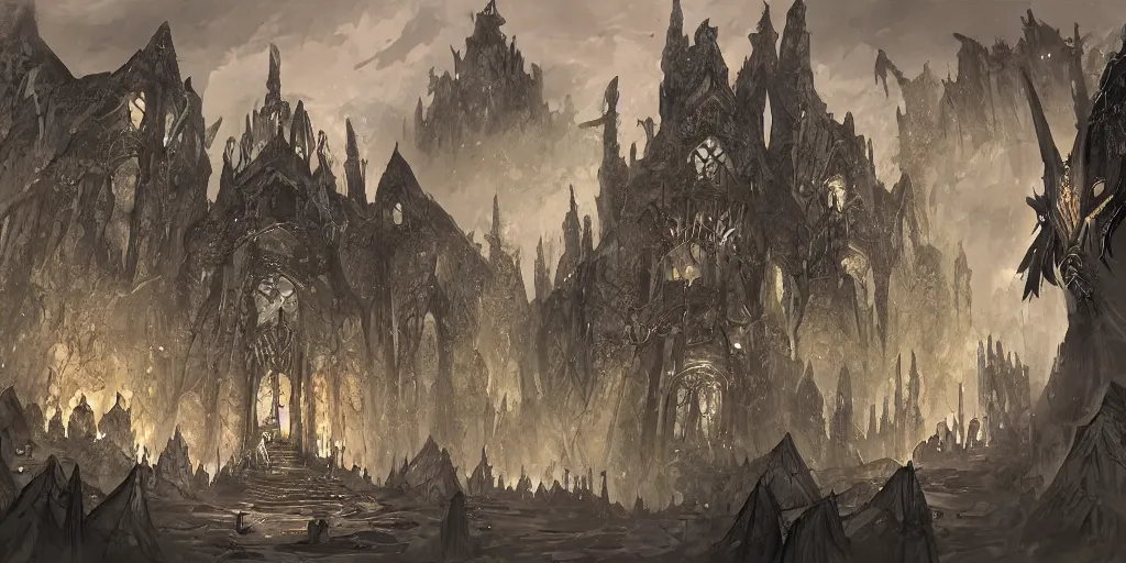 Image similar to a black citadel in the underdark, concept art, dnd underdark