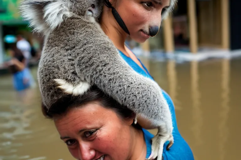 Prompt: closeup portrait of a woman carrying a koala over her head in a flood in Rundle Mall in Adelaide in South Australia, photograph, natural light, sharp, detailed face, magazine, press, photo, Steve McCurry, David Lazar, Canon, Nikon, focus