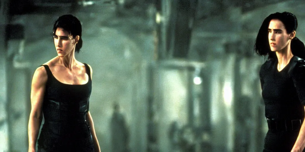 Image similar to jennifer connelly in matrix, cinema, still from movie, action, blu ray, 4 k, strong acting