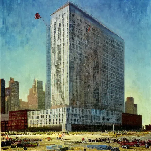 Prompt: the un building in new york, cold war, 6 0 s, hyperrealism, no blur, 4 k resolution, ultra detailed, style of john berkey, norman rockwell, hans thoma, ivan shishkin, tyler edlin, thomas kinkade