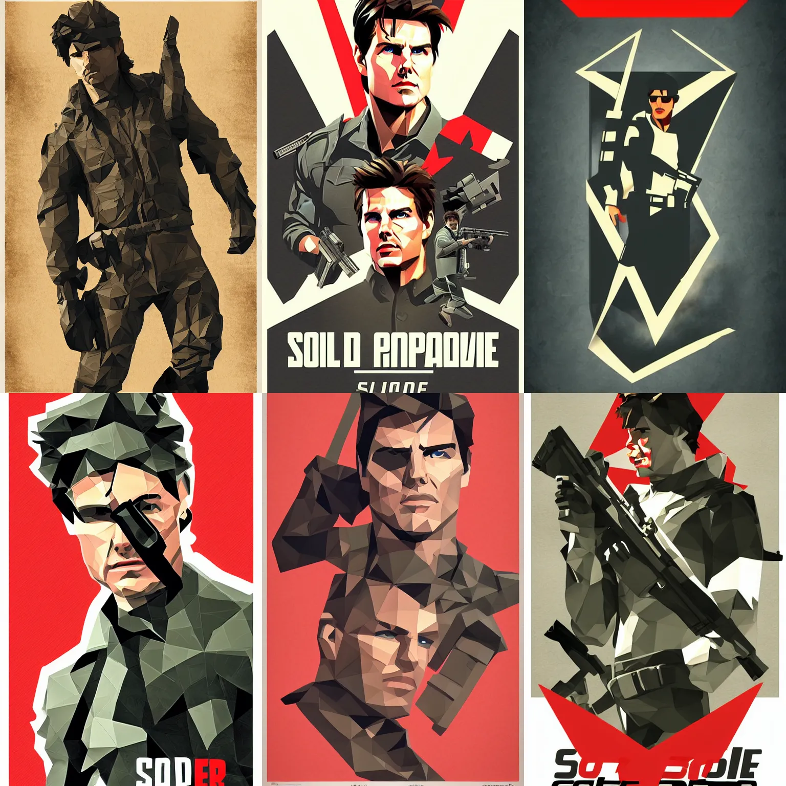 Prompt: Tom Cruise as Solid Snake, low poly, Soviet era propaganda poster