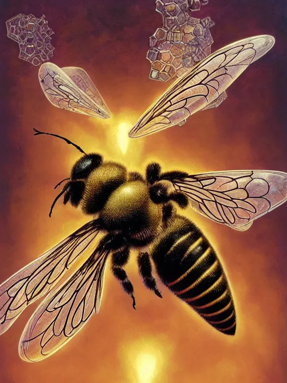 Prompt: portrait of the queen bee in midst of transparent clear see - through honeycombs. spaceship environment, dramatic lighting, ultra realistic, highly detailed, concept art, photorealistic, octane render, 8 k, unreal engine. art by gustave dore, art by boris vallejo, art by julie bell, art by christopher marley, art by artgerm