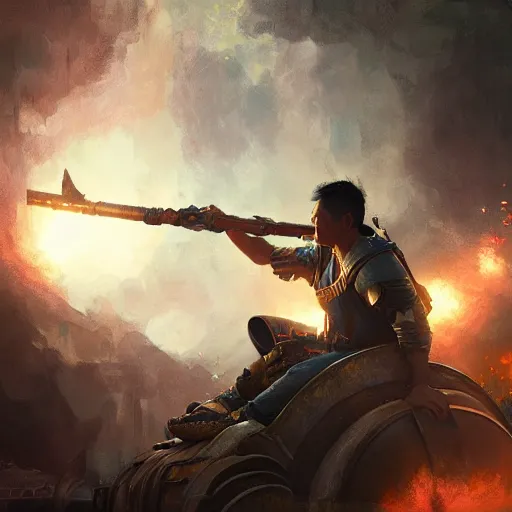 Image similar to a filipino man sitting on a tank holding a scepter and eating popcorn, fantasy, digital painting, volumetric light, intricate, sharp, focus, bloom, illustration, highly detailed, concept art, matte, ruan jia, randy vargas, greg rutkowski