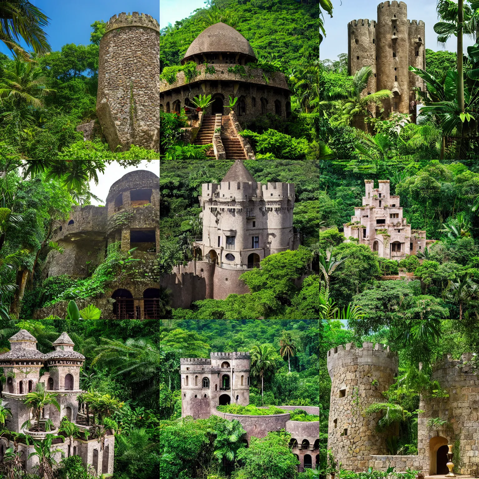 Prompt: a stone castle in the lush equatorial jungle. the architecture is a blend of middle eastern, spanish colonial, and aztec styles ; round, cylindrical architecture