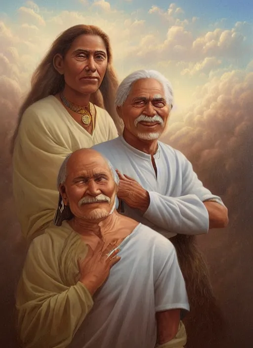 Prompt: portrait of indigenous grandfather and grandmother in the clouds, smiling, protection, benevolence, ancestors, art by christophe vacher