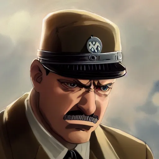 Prompt: a film still portrait of angry hitler, finely detailed features, cinematic lighting, anime key visual, trending on pixiv fanbox, painted by makoto shinkai, studio ghibli, greg rutkowski, wlop