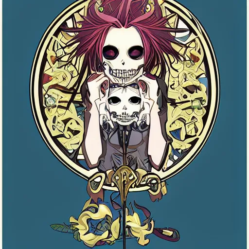 Image similar to anime manga skull portrait marvel young woman hood fairytale comic skeleton illustration style by Alphonse Mucha pop art nouveau