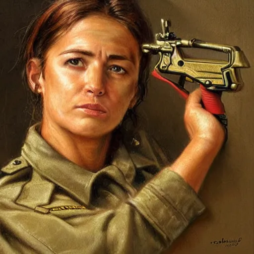 Image similar to a female soldier pressing a staple gun to her own head and looking depressed by thomas kincade realistic, high details