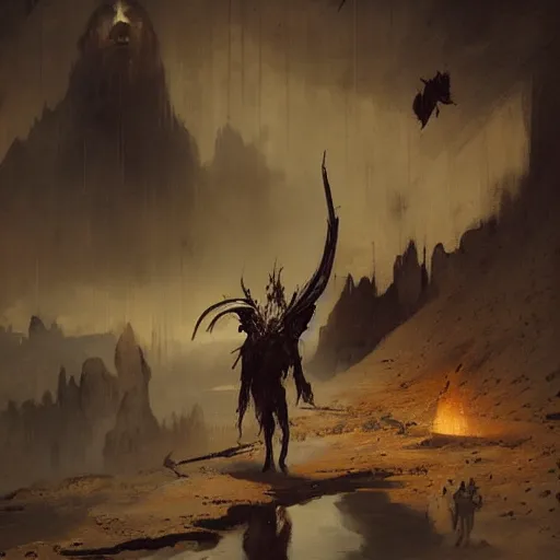 Prompt: Exterior Desert Oasis puissant physique demonic crow wearing a devilry costume Jan Van eyck greg rutkowski ilya repin christophe young bastien lecouffe-deharme ismail inceoglu odd nerdrum dragan bibin john steuart curry