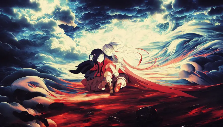 Image similar to baroque oil painting of key visual ninja war, storm, brutalist fantasy, fake detail, trending pixiv fanbox, acrylic palette knife, style of james jean makoto shinkai takashi takeuchi yoshiyuki sadamoto greg rutkowski chiho aoshima