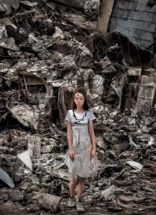 Image similar to award winning photograph miof a dressed young woman amongst rubble, sad face, dirt, dreamlike, low contrast, beatiful composition, 4k