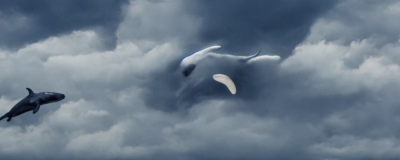 Image similar to a whale flying between the clouds