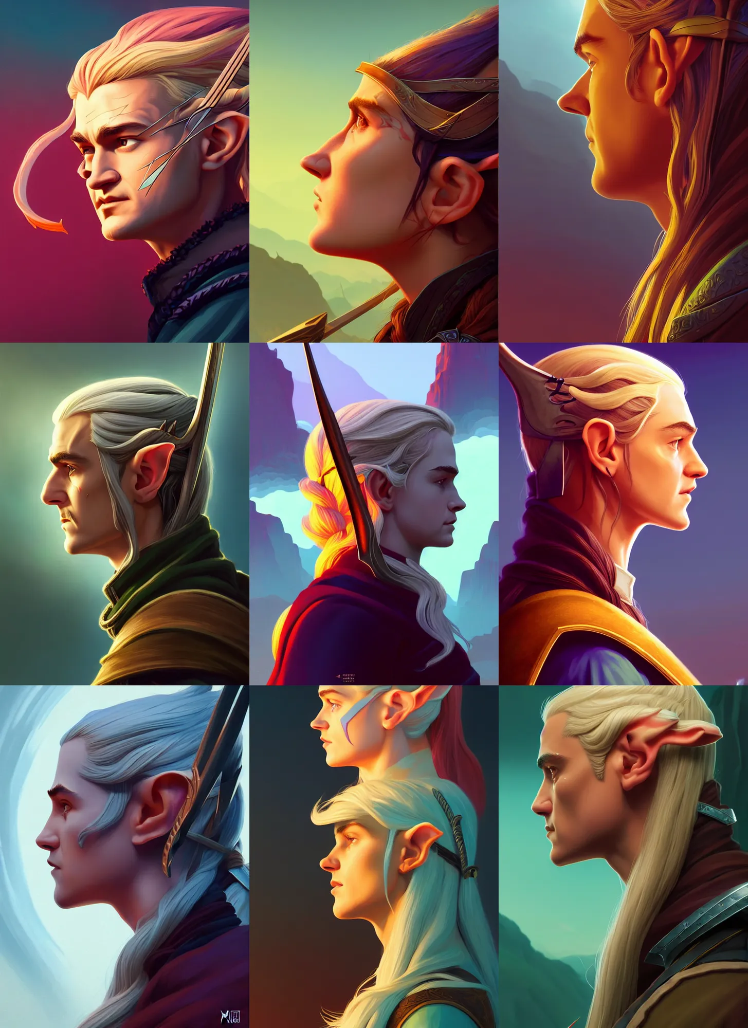 Prompt: side profile centered painted portrait, legolas as an elf ranger, d & d, gloomhaven, matte painting concept art, art nouveau, beautifully backlit, swirly vibrant color lines, fantastically gaudy, aesthetic octane render, 8 k hd resolution, by ilya kuvshinov and cushart krentz and gilleard james