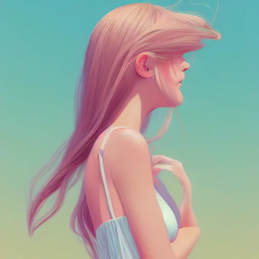 Image similar to happy adult female in sundress, summer dress, pastel light pink very long hair, muted colors, matte print, pastel colors, ornate, digital art, digital painting, fan art, elegant, artstation, head is centered, by Ilya Kuvshinov