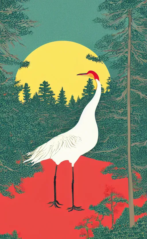 Prompt: hanafuda, a huge japanese crane bird is chilling above a lake in the middle of a forest of japanese pines, a big red sun in the background, front game card, vector line art, trending on behance, concept art, stunning, matte