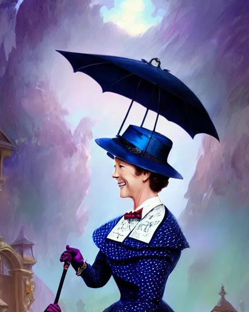 Prompt: Julie Andrews as Mary Poppins smiling and looking to the side, D&D, fantasy, intricate, elegant, highly detailed, digital painting, artstation, concept art, matte, sharp focus, illustration, hearthstone, art by Artgerm and Greg Rutkowski and Alphonse Mucha