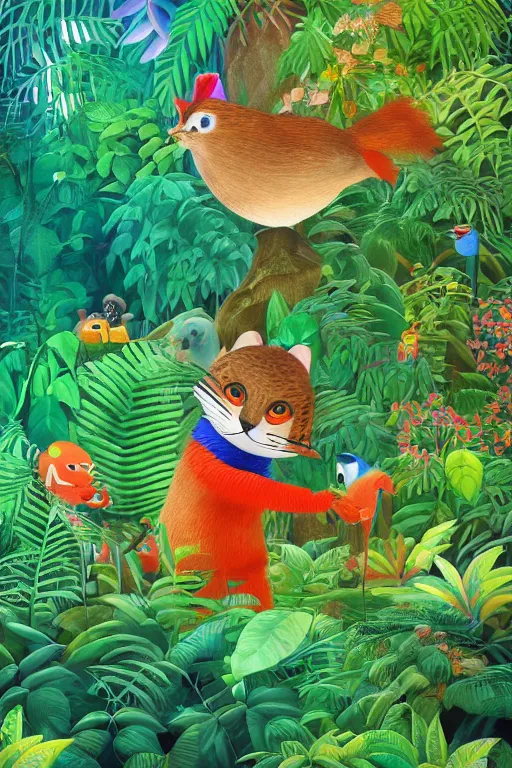 Image similar to rare bird in the jungle, hyper detailed, unreal engine render concept art, glitch, style of henri rousseau and richard scarry and hiroshi yoshida