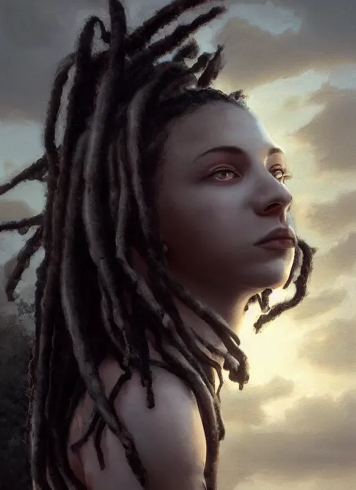 Image similar to girl with pale white skin and black dreadlocks, muscular upper body, beautiful highly detailed face, complementary lighting, backlit, black eyeshadow, dark eyes, adventure, dramatic lighting, landscape background, beautiful painting by artgerm and greg rutkowski and raymond swanland