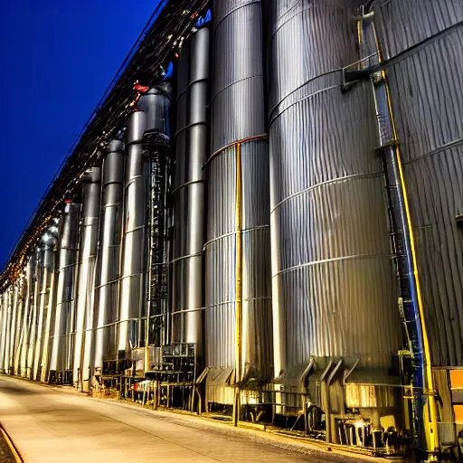 Prompt: photo of a factory exterior at night. lots of illuminated catwalks and gangways surrounding tall silos. various tubes and pipes run in raceways along the site.