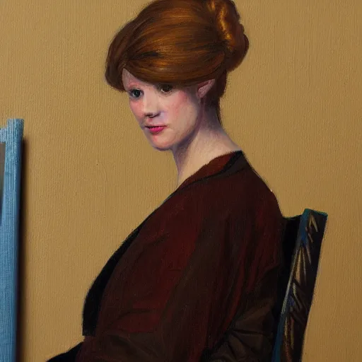 Prompt: a painting of a woman sitting on a chair, a character portrait by lydia field emmet, behance contest winner, figurative art, pre - raphaelite, studio portrait, photoillustration