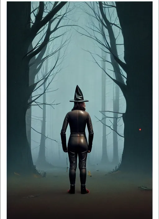 Image similar to perfectly centred realistic picture of a character dressed in leather tight suit and witch hat, dark, poster, ralph mcquarrie, simon stalenhag