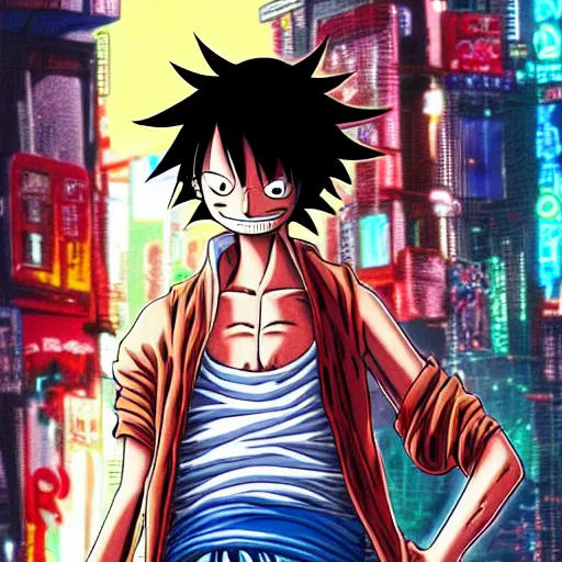 Prompt: Luffy from one piece in a cyberpunk city
