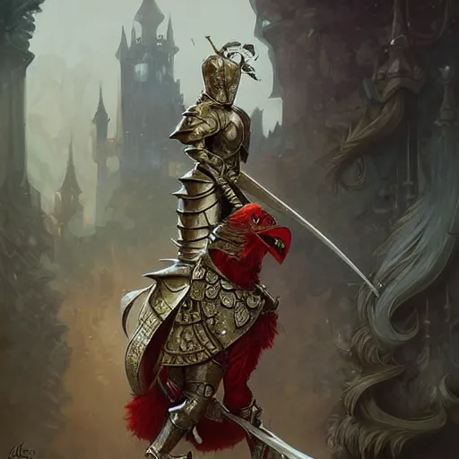 Prompt: Elmo dressed as a knight, D&D, fantasy, intricate, elegant, highly detailed, digital painting, artstation, concept art, matte, sharp focus, illustration, art by Artgerm and Greg Rutkowski and Alphonse Mucha