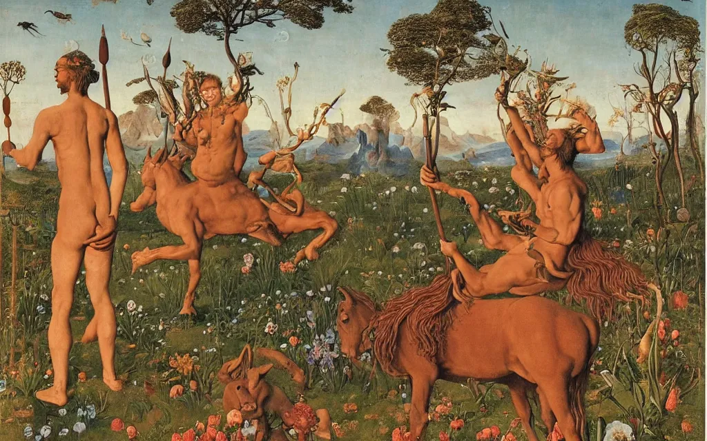 Image similar to a portrait photograph of a meditating satyr and a centaur monk riding a rocket machine and hunting at a river delta. surrounded by bulbous flowers and trees. mountain range under a blue sky of fiery stars. by jan van eyck, max ernst, ernst haeckel, ernst fuchs and artgerm, cgsociety, fashion editorial, 8 k