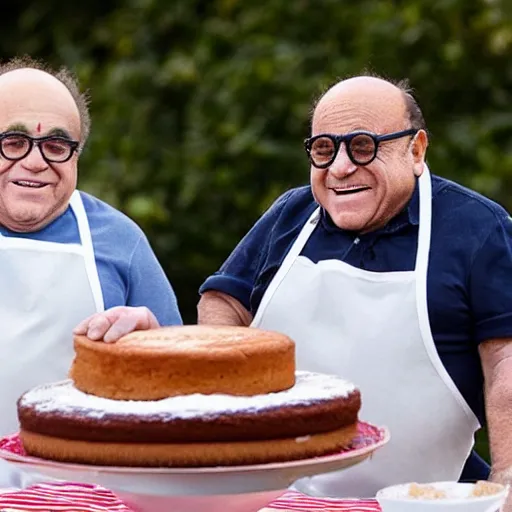 Image similar to danny devito baking a cake on the great british bake off