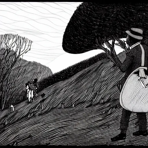 Image similar to a black and white edward gorey illustration of a man in old fashioned clothes waits by the side of the mountain road with his suitcase, looking at a coach with 4 horses is in front of him, stormy night time in the mountains highly detailed in the style of edward gorey, artgerm, 8 k resolution - c 5