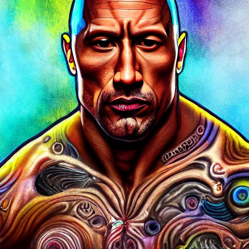 Prompt: An extremely psychedelic portrait of Dwayne Johnson, surreal, LSD, face, detailed, intricate, elegant, lithe, highly detailed, digital painting, artstation, concept art, smooth, sharp focus, illustration