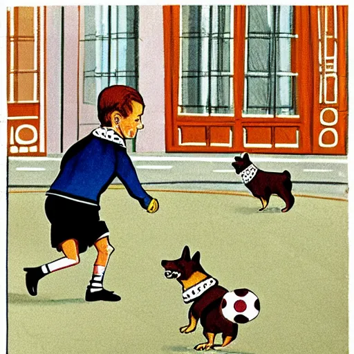 Image similar to book illustration of a french boy on the streets of paris playing football against a corgi, the dog is wearing a polka dot scarf, 1 9 6 6