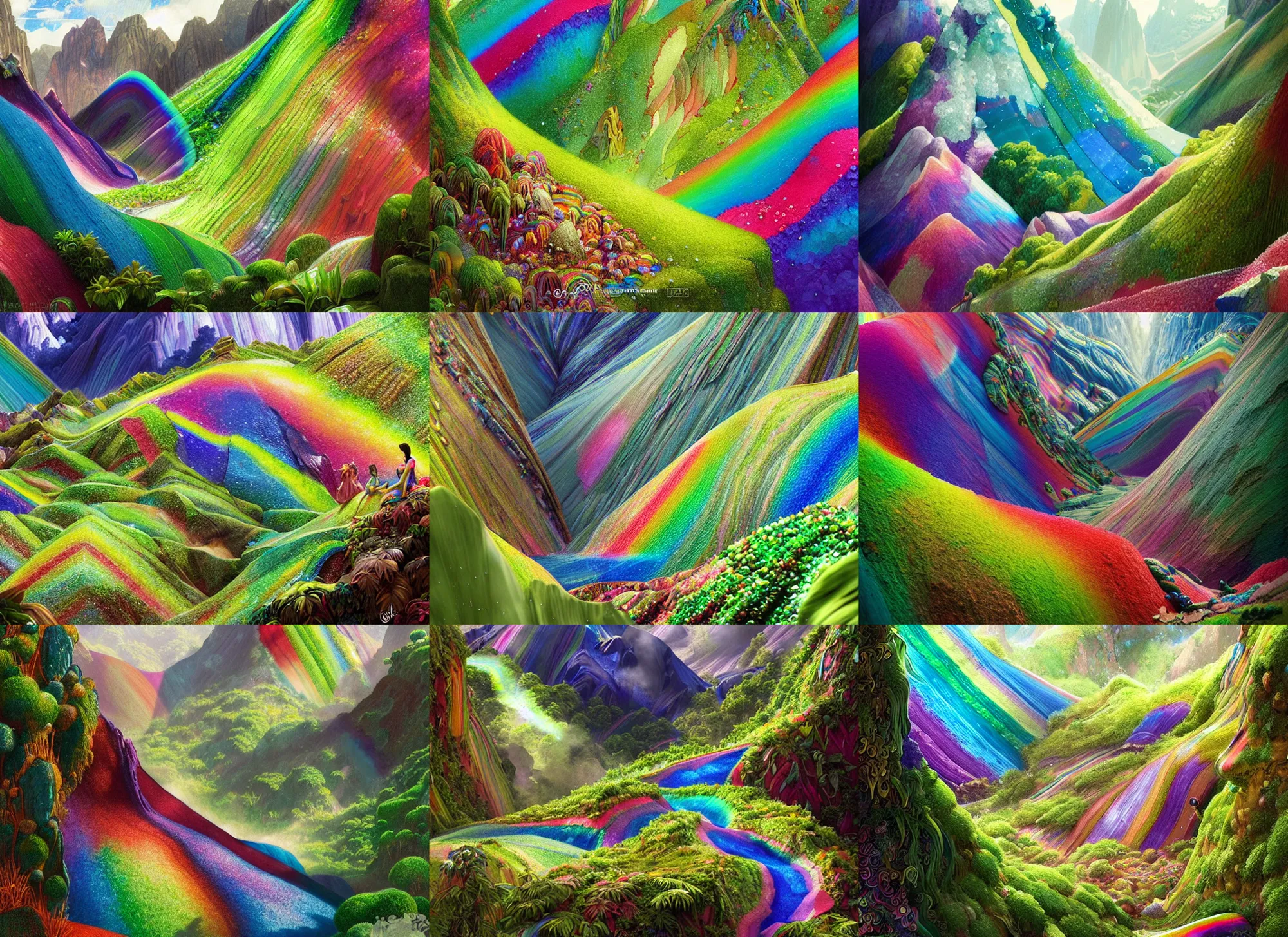 Prompt: rainbow mountain in peru made of gemstone and crystal and glass, iridescent, refractive and reflective, crystalline pearly, verdant and lush and overgrown colorful foliage, fantasy, intricate, elegant, highly detailed, digital painting, artstation, concept art, matte, sharp focus, illustration, hearthstone, art by artgerm and greg rutkowski and alphonse mucha
