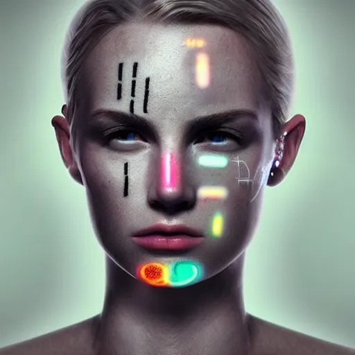 Prompt: face with light-emitting tatoos showing health information and vital sign visualizations ultra HD realistic wide focus 8k ultra soft light RTX on VFX octane render pixiv pinterest colorful more reflection