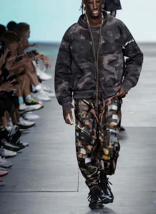 Image similar to hyperrealistic and heavy detailed nike runway show of travis scott, leica sl 2 5 0 mm, vivid color, high quality, high textured, real life