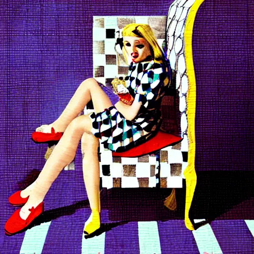 Image similar to alice in the wonderland, sitting, checkered floor, chair, blue dress, blonde by cheval michael