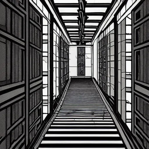 Image similar to a terrifying dark hallway with many doors and many stairs, impending doom, horror, Mc Escher architecture, epic composition, anime key visual