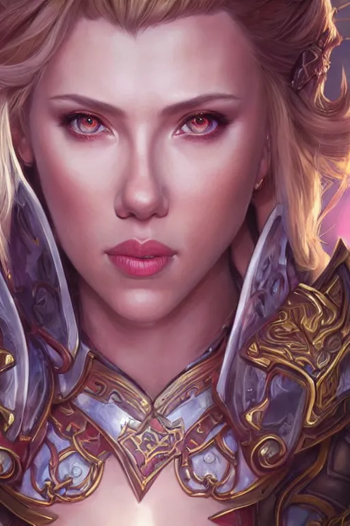 Image similar to Scarlett johansson as a blood elf, world of warcraft, wow , intricate, elegant, highly detailed, digital painting, artstation, concept art, smooth, sharp focus, illustration, art by artgerm and greg rutkowski and alphonse mucha