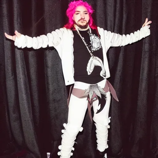 Image similar to full outfit photograph of post Malone cosplaying as astolfo,