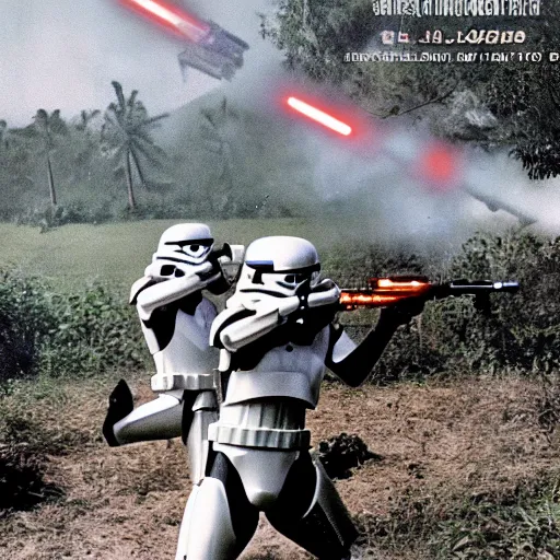 Image similar to star wars clone troopers combat soldiers in vietnam, photo, old picture, lush landscape, jungle, firearms, explosions, helicopters, aerial combat, active battle zone, flamethrower, air support, jedi, land mines, gunfire, violent, star destroyers, star wars lasers, sci - fi, jetpacks, agent orange, bomber planes, smoke, trench warfare