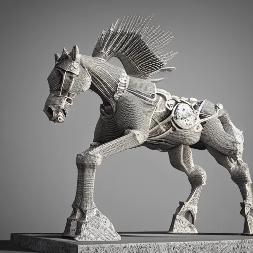 Image similar to biomechanical horse made of marble and crystal, fractal 3 d structure, intricate details, octane render, soft lighting