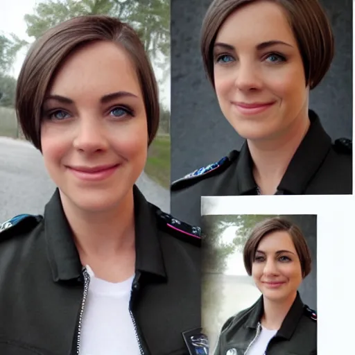 Prompt: portrait of young woman, green eyes, brunette, short flip bob hair, smirk, officer uniform