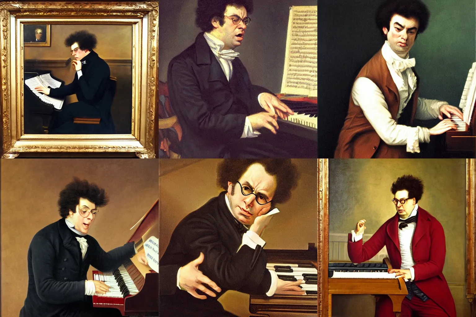 Prompt: very angry franz schubert playing piano and screaming loudly, a very detailed oil painting, by josef kriehuber, classical oil painting, fine artstyle, from louvre