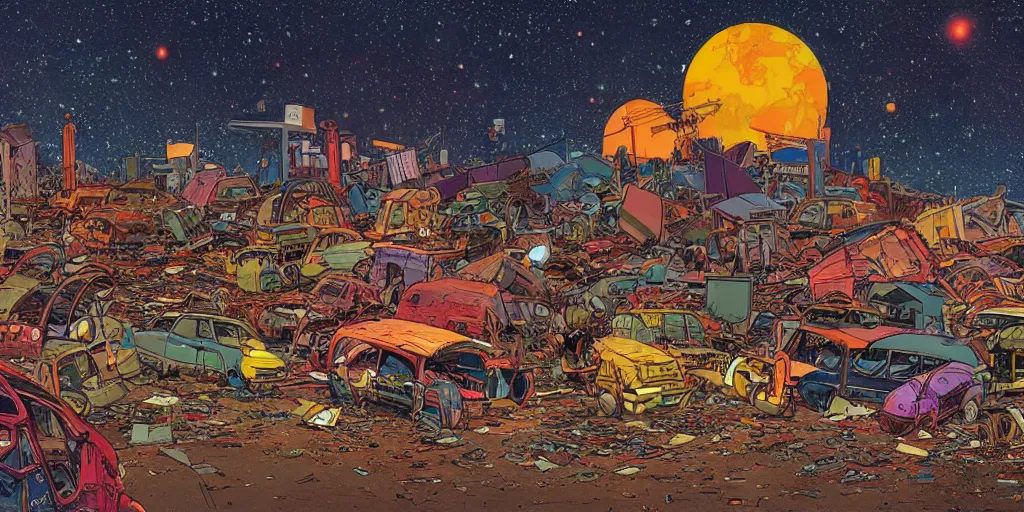 Prompt: colourful illustration of a junkyard settlement. scrap everywhere, people loitering. thousands of stars in the background. art by moebius. science fiction art. detailed digital painting.